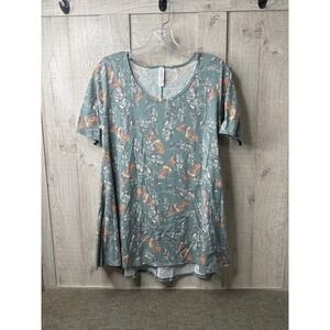LuLaRoe Perfect Tee XXS Teal Green Feather Print Short Sleeve Scoop Neck Tunic